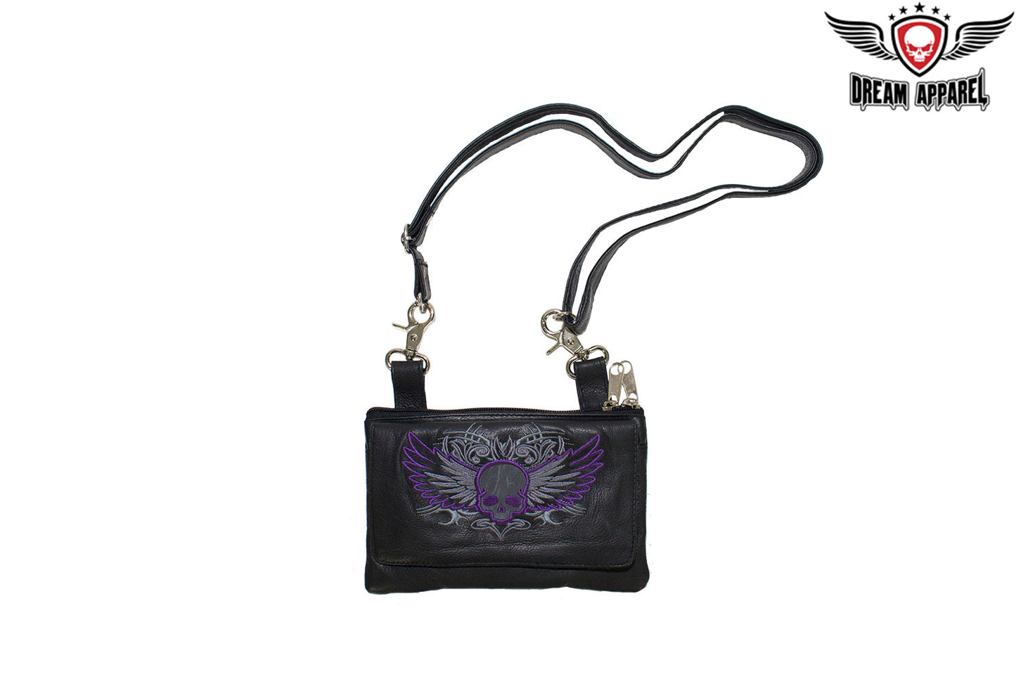 All Naked Cowhide Leather Belt Bag with Purple Skull and Wings