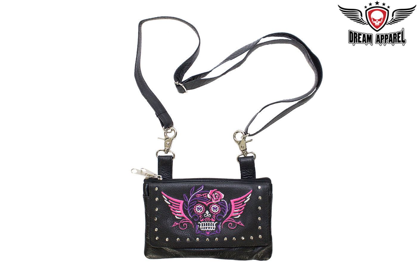 Studded Pink and Purple Sugar Skull Naked Cowhide Leather Belt Bag