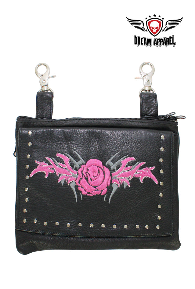 Studded Naked Cowhide Leather Hot Pink Rose Belt Bag W/ Gun Pocket