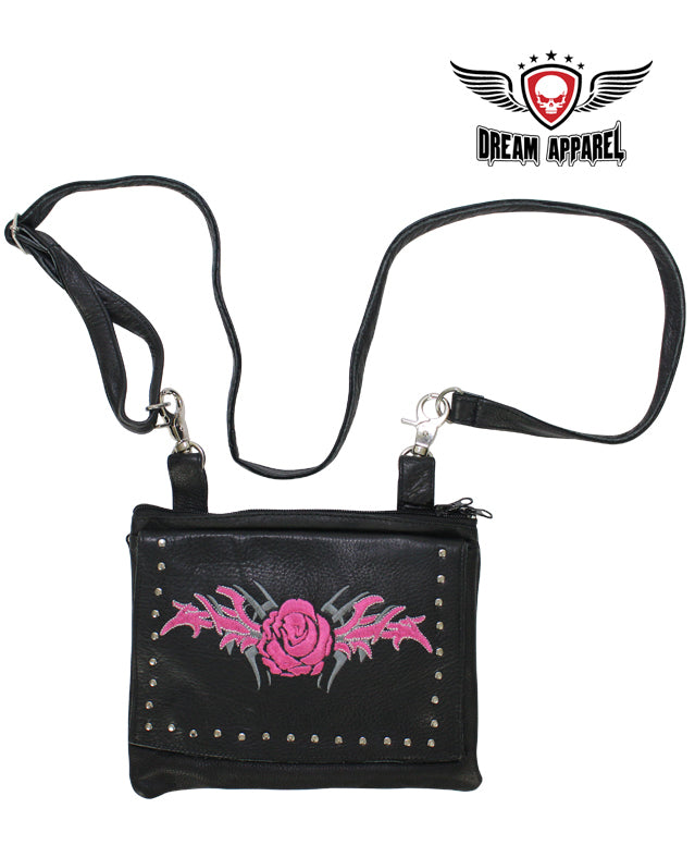 Studded Naked Cowhide Leather Hot Pink Rose Belt Bag W/ Gun Pocket