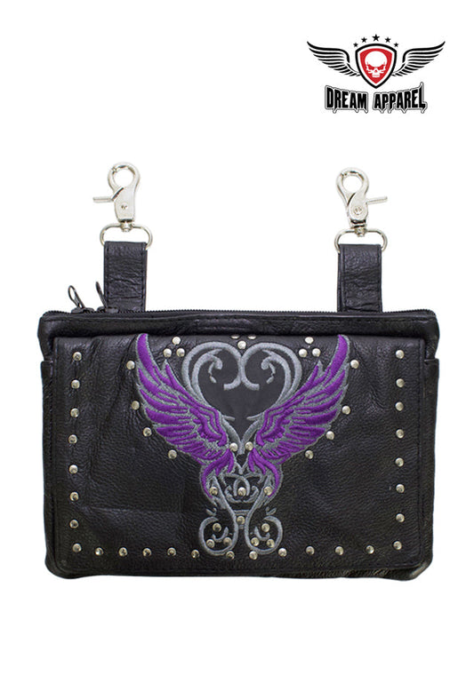 Studded Naked Cowhide Leather Belt Bag with Purple Wings