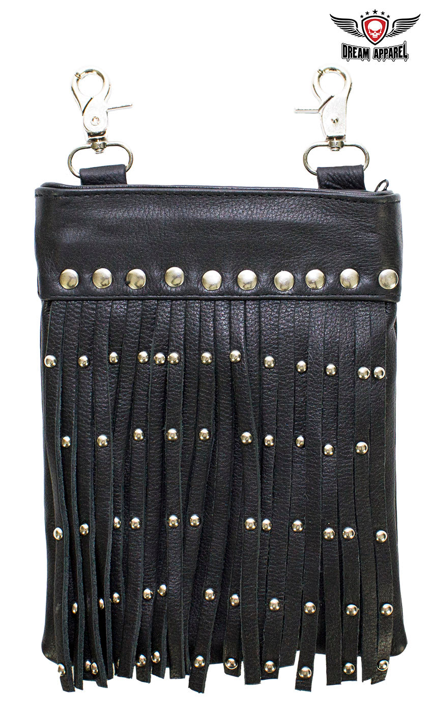 Black Leather Belt Bag with Studs and Fringe