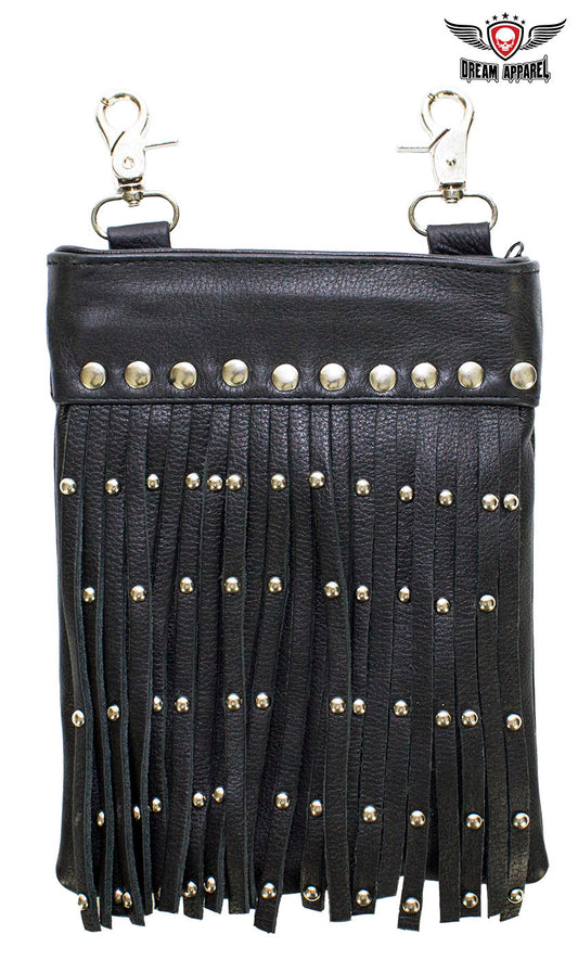 Black Leather Belt Bag with Studs and Fringe
