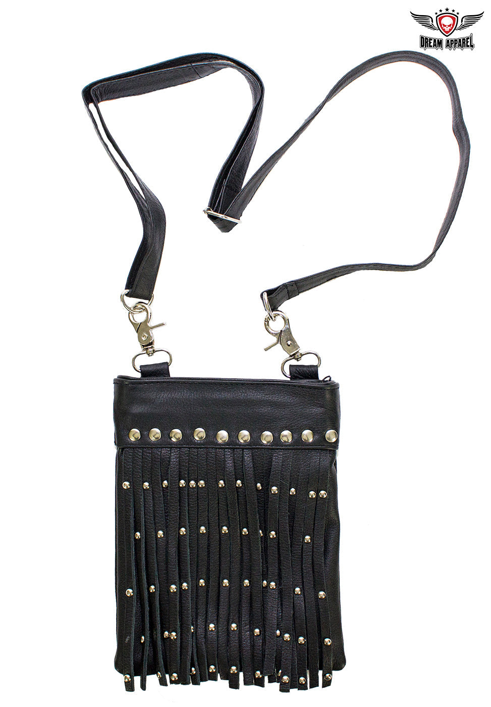 Black Leather Belt Bag with Studs and Fringe