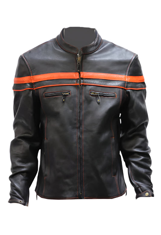 Mens Leather Jacket With Orange Stripes