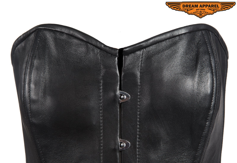 Womens Strapless Lamb Leather Corset With Metal Busks & Grommets